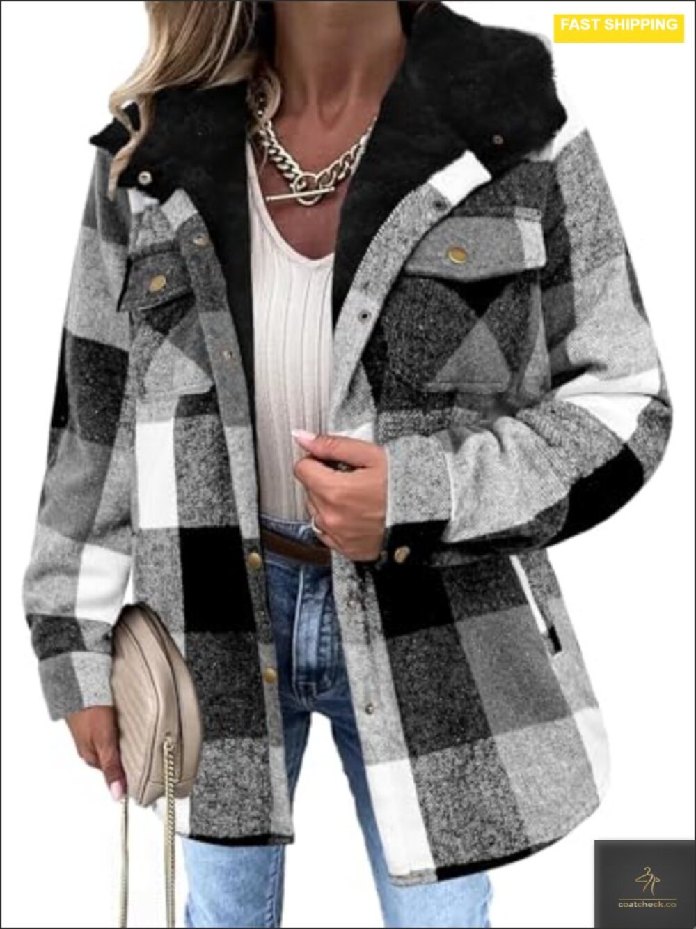 Women's Fleece Lined Plaid Shacket Hooded Button Front Long Sleeve Coat